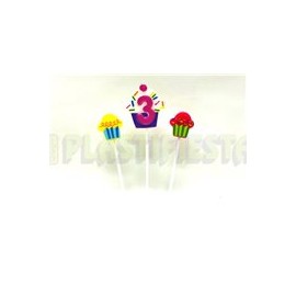Vela cupcake 3 años palillos 3 pz