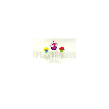 Vela cupcake 3 años palillos 3 pz